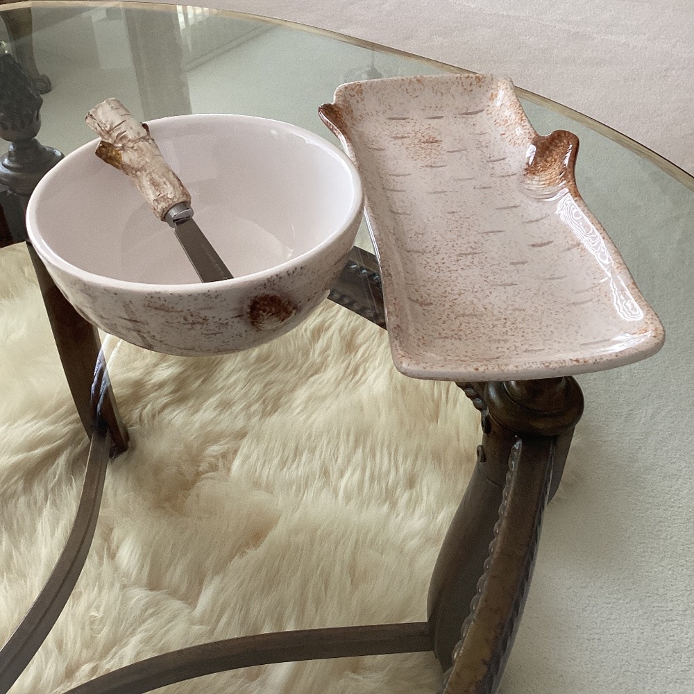 3 Piece Birch Wood Dip Bowl, Spreader and Cracker/Bread Serving Dish/Tray